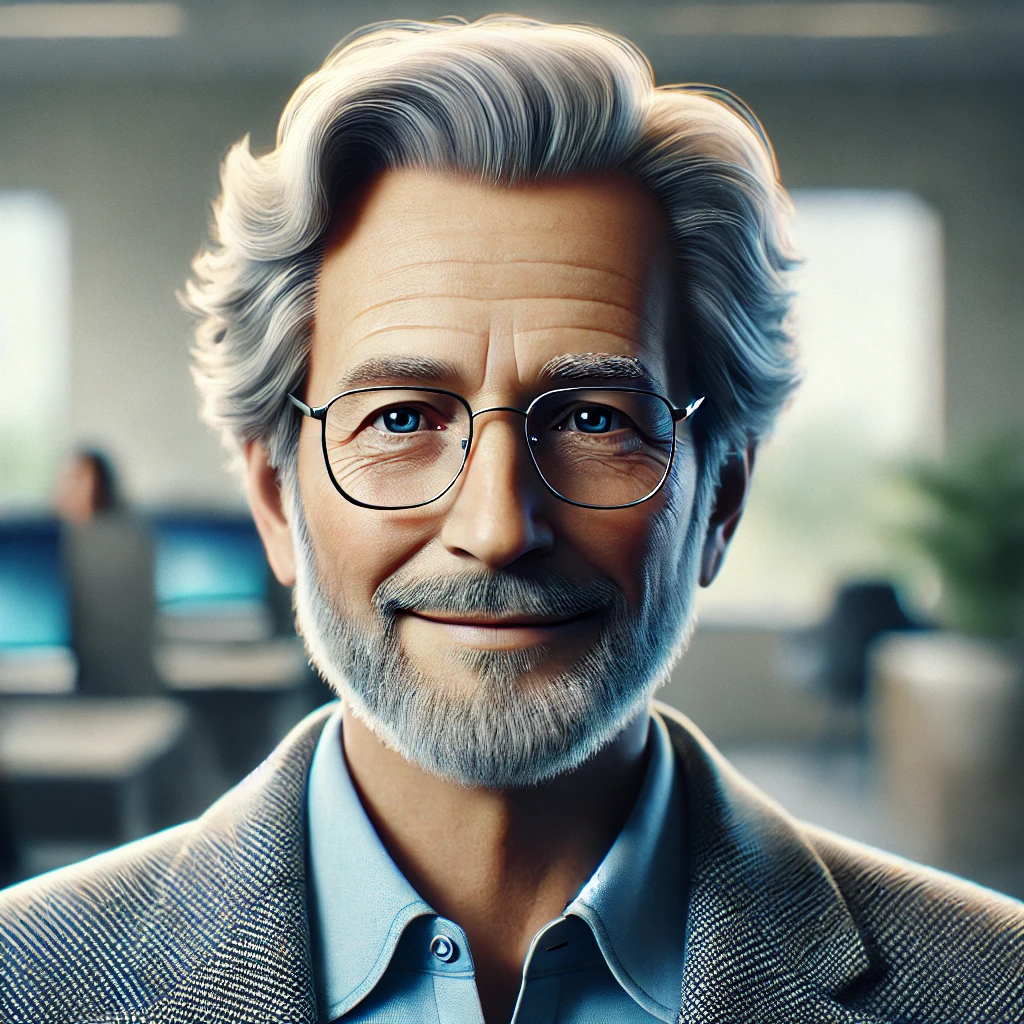 Elderly AI assistant resembling Peter Rosengard, with silver hair, glasses, and a friendly smile in a professional office setting, providing insurance guidance.